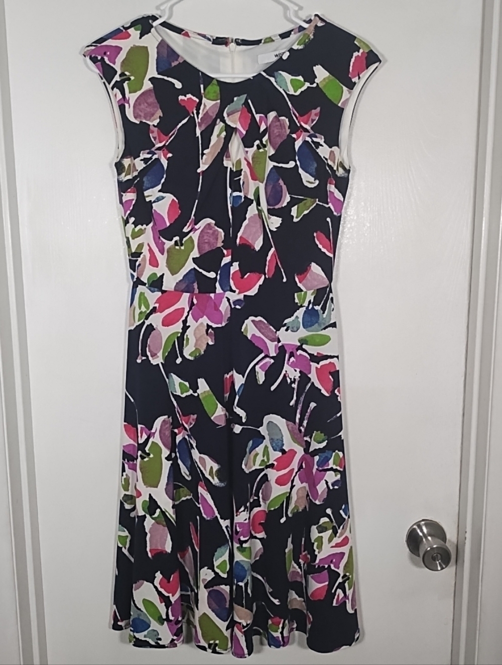 Wisp Women's 0 Navy Blue Floral Dress Sleeveless Keyhole Stretch Fit Flare